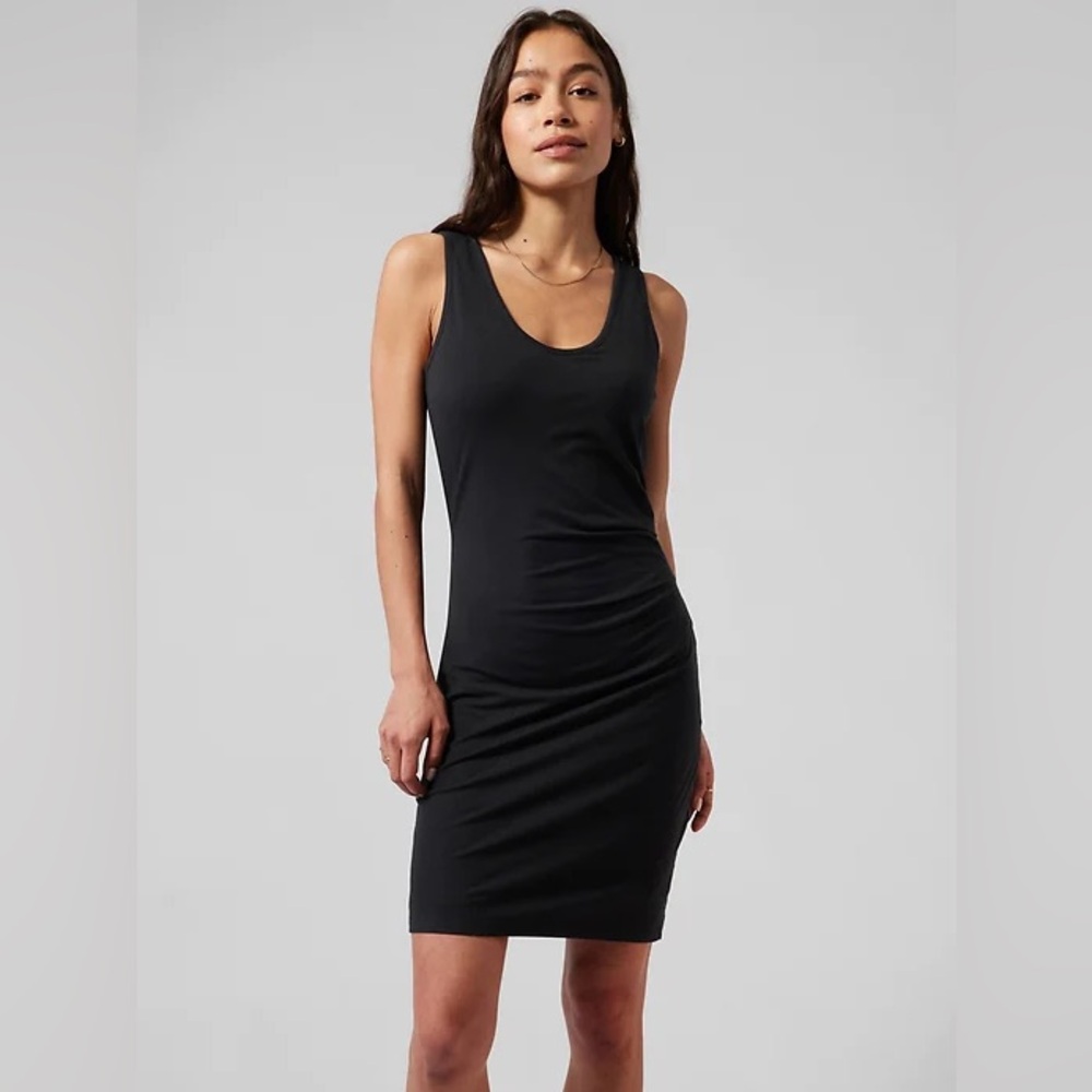 Athleta Tall Della Dress Small Tall Black ruched sleeveless LBD athleisure